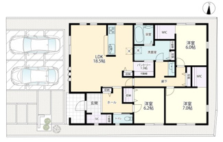 【土地図＋建物プラン例】 | 【参考プラン】床面積98.54㎡、本体価格1950万円
