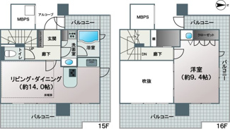 【間取り】 | エルザグレース堀江タワー | 【間取り】15階北東角向き・メゾネット住戸！3面引き回しバルコニーで開放感◎	