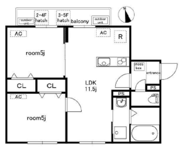Lares East(ラレースイースト)の間取り|北向きバルコニーですが！全部屋南向きに窓のある2LDK！