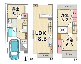 【土地図＋建物プラン例】 | 右京区太秦安井二条裏町　建築条件つき | 建築プラン例：建物価格1899万円、建延94.80平米、設計監理費用120万円＋外構費用110万円別途要（税込）