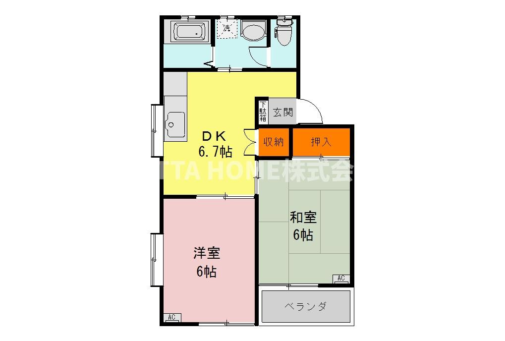 バードヒル東奥Ⅱの間取り|和室と洋室がともにある２ＤＫの間取りです◇