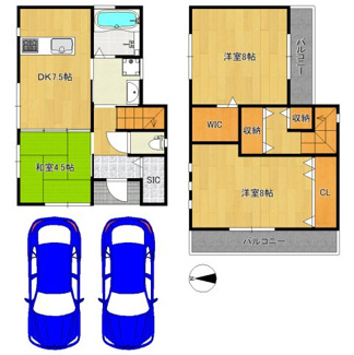 【間取り】 | 浜寺諏訪森町中１丁　中古一戸建 | 並列に駐車２台可能！セカンドカーや来客時にも安心ですね♪