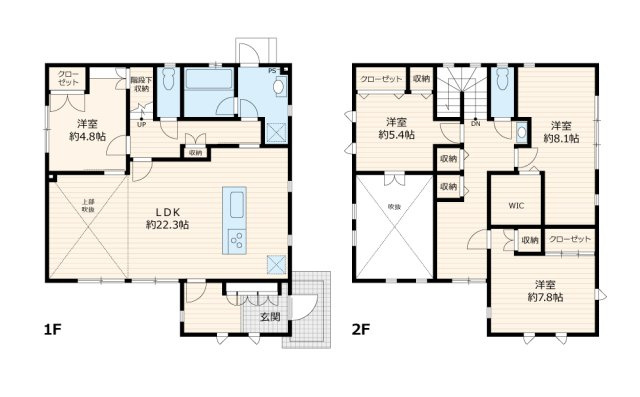 【間取り】 | つくば市要　中古戸建 | 22.3帖の広々リビング4LDKタイプ！窓も多く吹き抜けで解放感も◎