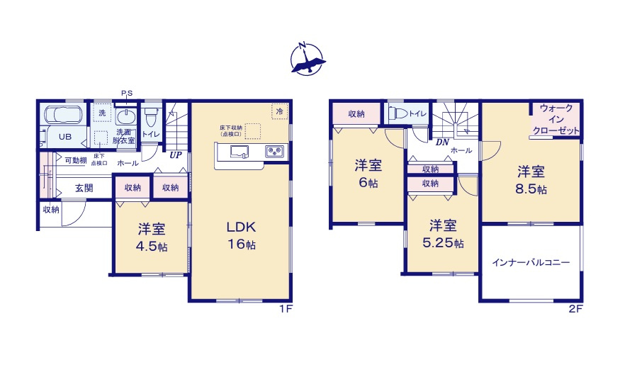 リーブルガーデン  笠間市笠間　第10　4の間取り|　
☆各部屋を最大限に広く使って頂けるよう、全居室に大容量の収納スペース。1.2階ホールにも収納配備！全室明るい南向き、段差のないオールフローリングです。