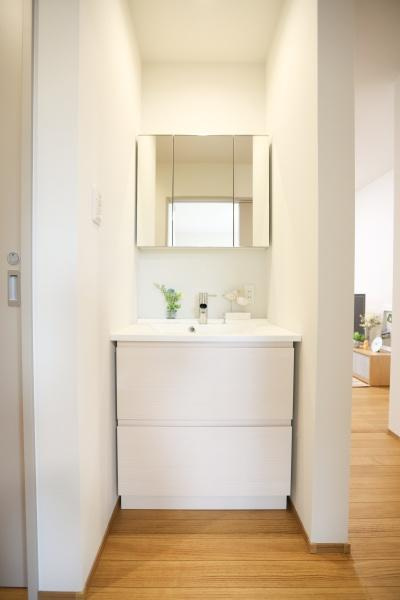 センチュリータウン関園ⅡNの独立洗面台|玄関入った通路に洗面台が設置されています。「帰ったらすぐ手洗い」が自然な習慣になり、安心して過ごせます。
ミラーキャビネット付きで使いやすさに配慮されています。