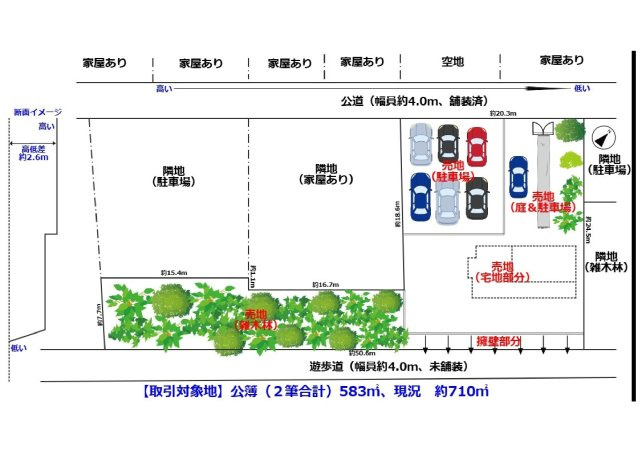 高台の眺望が魅力の山林つき中古戸建の区画図|山林を含む210坪超の広々敷地、道路の間口が20ｍ以上あるので、車の駐車もラク！