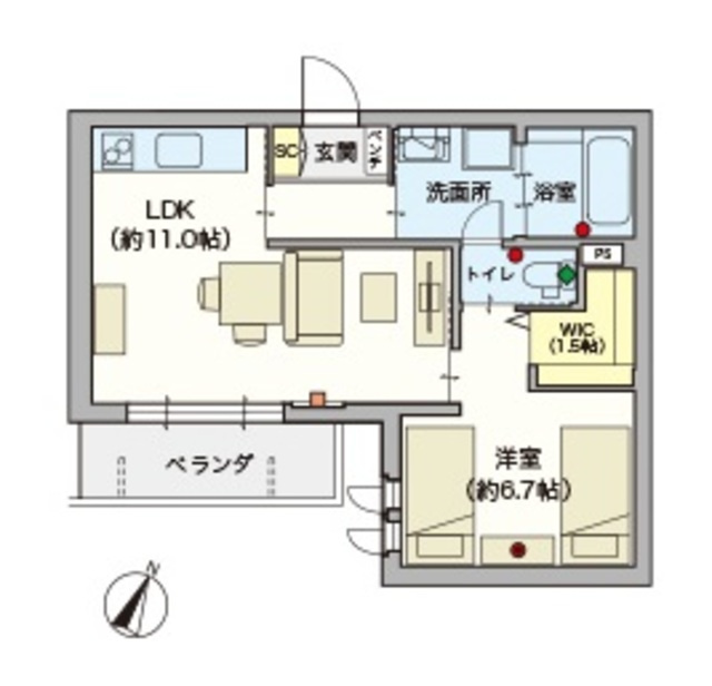 （シニア限定）Ｃａｓａうのき２０の間取り|たっぷり収納、バリアフリーのお部屋です