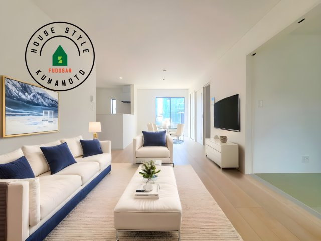 宇土市岩古曽町第2-7棟（4号棟）の居間・リビング|キッチンからリビングをしっかり確認できます。家族の笑顔があふれる空間になりそうですね。※家具はCGを合成したものです。