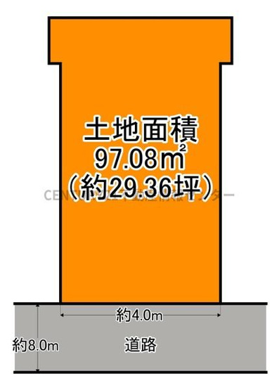 【土地図】 | 梅香1丁目　売土地 | 土地面積：97.08平米（29.36坪）
間口向き：南東
