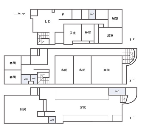 いの町　店舗付住宅　の間取り|１階と２階は店舗、３階部分は住宅です。