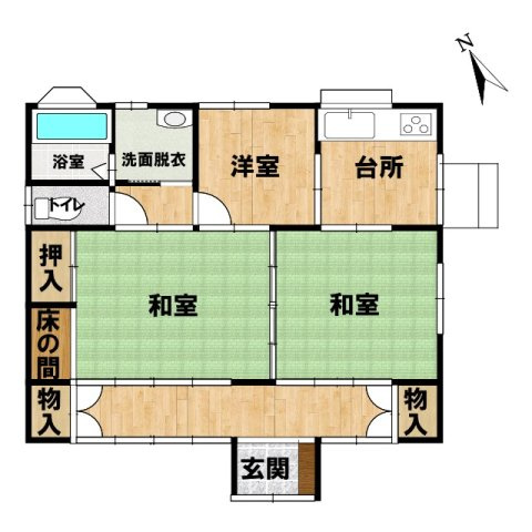 中古戸建　神戸町　平屋の間取り|和室は二間続きになっています。開放すれば計18帖の広間として使えます。主寝室は別にあるので、生活にメリハリが生まれます。3Kのコンパクトな間取りですが、収納も充実しています。（リフォーム前）