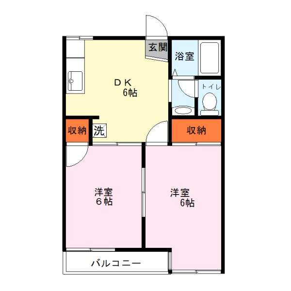 カーサクロヤナギの間取り|2階の角住居♪バストイレ別、振分けタイプの２ＤＫ♪