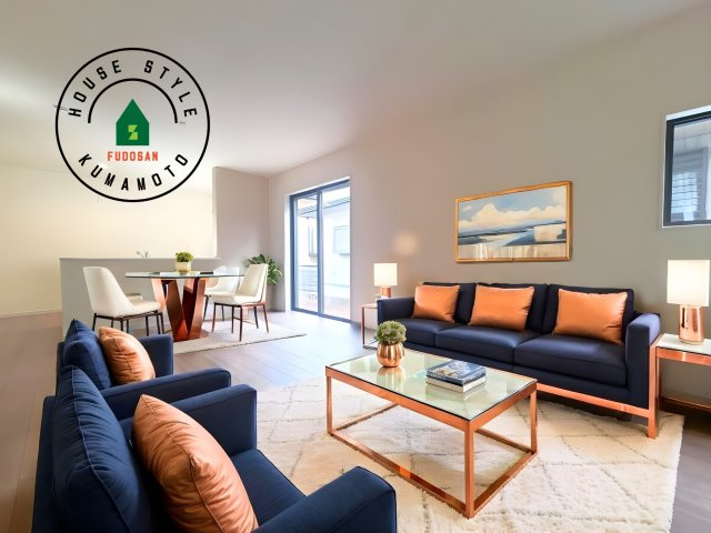 菊池郡菊陽町原水第3-3棟（1号棟）の内観：施工例|キッチンからリビングをしっかり確認できます。家族の笑顔があふれる空間になりそうですね。※家具はCGを合成したものです。