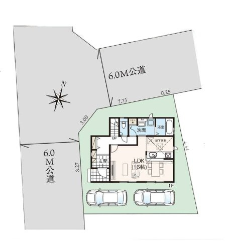 飯能市征矢町・全1棟　新築一戸建　～北西・南西角地～の区画図|縦列駐車2台可、日当たり・通風良好な北西・南西角地です。
