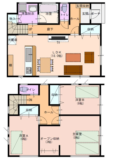 【間取り】 | 【新築分譲住宅】　天童市久野本三丁目　☆A棟☆ | (A棟)、価格3180万円、3LDK、土地面積147.82m2、建物面積101.02m2