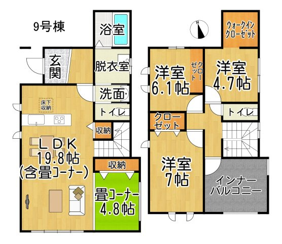 常滑市錦町3丁目　9号棟の間取り|○●間取り図●○
9号棟は広々とした畳コーナー付き19.8帖のLDKのある間取。ウォークインクローゼットや人気のインナーバルコニーも♪
