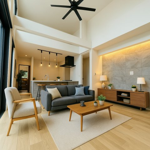 吹き抜け × ロフト × ビルトインガレージも。Shonan Styleをすべて詰め込んだ家の居間・リビング|※掲載の家具等はCG合成で加工したもので、実際の室内と異なります