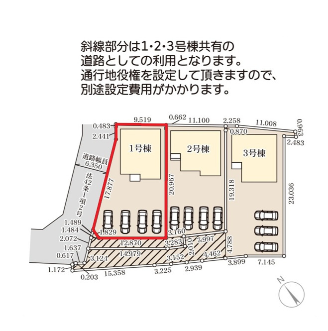リーブルガーデン  水戸河和田町　3期　1の区画図|駐車並列4台可能です。内覧、気になる他の物件と合わせての現地ご案内も可能です。HPから、またお電話でも、お気軽にお問い合わせください。

