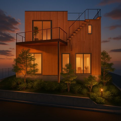 湘南×葉山らしさをデザインした、杉板外壁の家。の外観パース|「杉板張りの外観が、暮らしにやさしく馴染む。夕景に包まれる佇まいが、心まで温めてくれる住まいです。」