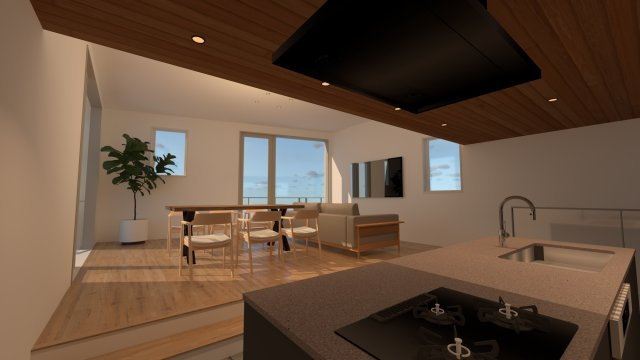 湘南×葉山らしさをデザインした、杉板外壁の家。の完成予想図|「食事を楽しみ、くつろぎ、語り合う。海を望むこの空間が、家族の“特別な日常”になります。」