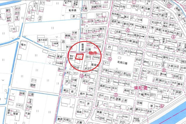 東粒浦　のどかな分譲団地の中の角地の地図