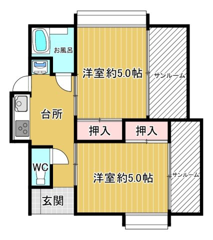 【間取り】 | 狭山貸家 | 2ｋ+２サンルーム