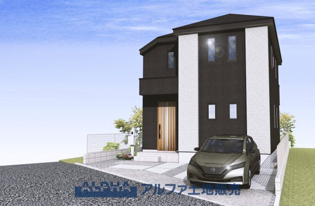 昭島市田中町１丁目の新築一戸建の外観パース|モノトーンの外観が印象的な邸宅。ゆとりある敷地に駐車スペースを確保し、落ち着いた街並みに調和するデザインです。