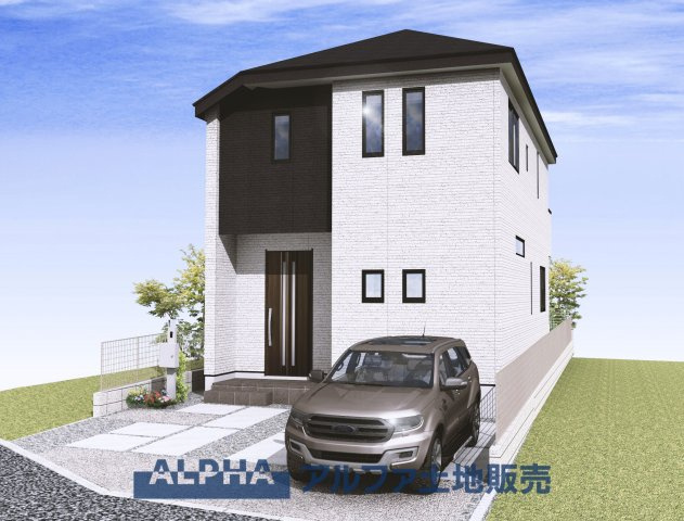 昭島市田中町１丁目の新築一戸建の外観パース|白を基調にした外壁が明るく上品な印象。道路から奥行きを持たせた配置で、プライバシーにも配慮された邸宅です。