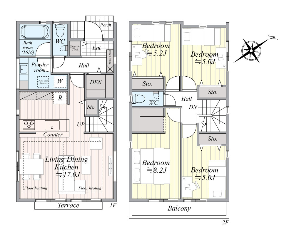 昭島市田中町１丁目の新築一戸建の間取り|床暖房付きLDK17帖＋DEN＋全室収納完備、ゆとりと機能性を兼ね備えた4LDKプラン