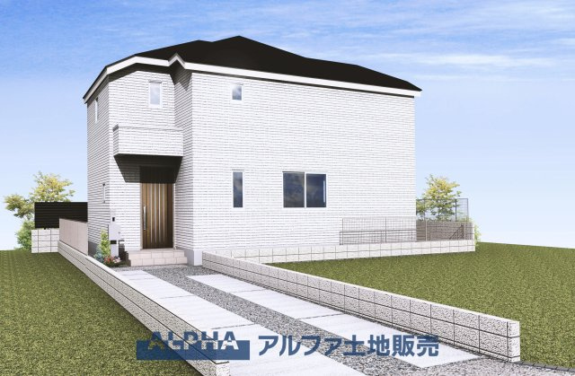昭島市田中町１丁目の新築一戸建の外観パース|シンプルで明るい外観が映える邸宅。広々としたアプローチが開放感を演出し、ゆとりある暮らしを叶えます。