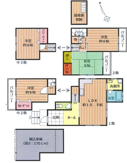 堺市中区深井中町リノベーション戸建て４ＬＤＫの間取り|中二階と中三階がある二階建ての建物です。シャッター付きの掘り込みガレージがあります
