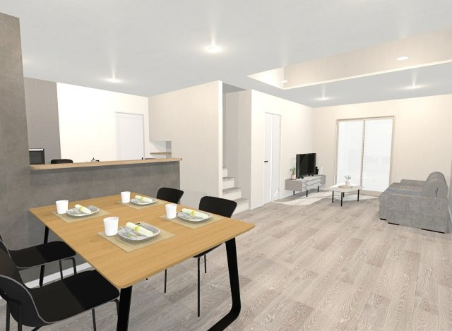 富田町５丁目　Ａプラン　建築条件付き土地の完成予想図|【イメージパース】
お料理中もリビングの様子に目を配れる対面式キッチン！小さなお子様がいるご家庭も安心ですね！