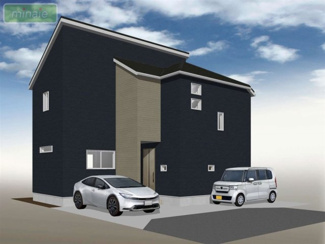 【外観パース】 | 当社で現地販売会開催中　間取りは自由設計 建築条件付き土地　開発分譲地　新鎌ヶ谷　全13区画　9区画 | 建物プラン例
建物価格1800万円、建物面積99.36m2