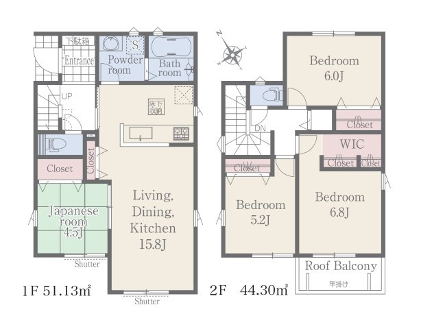 合志市須屋群窪第1-2棟（1号棟）の間取り|全居室収納付きで便利です。