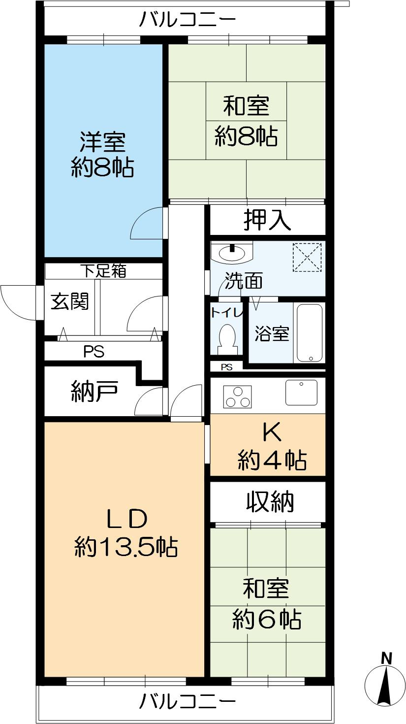 アステム芦屋Ｃ棟の間取り|専有面積93.16㎡の３LDK＋納戸
南向きで、南・北の二面バルコニー（海・山を望む）