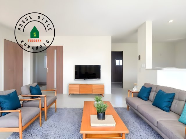 熊本市南区富合町杉島第1-2棟（5号棟）　の居間・リビング|キッチンからリビングをしっかり確認できます。家族の笑顔があふれる空間になりそうですね。※家具はCGを合成したものです。