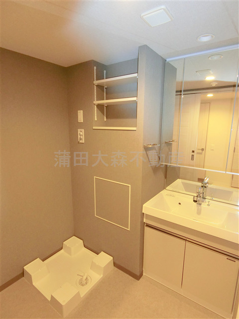 KDXレジデンス田園調布南の洗面所|3面鏡の独立洗面台　棚収納付きの洗濯機置き場　洗面脱衣所