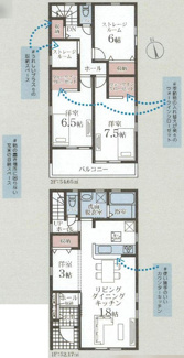 【間取り】 | 伊勢原市板戸  2号棟 | 二部屋から行き来できるバルコニー　LDK18帖+洋室3帖　2階各部屋6帖以上　WIC2箇所　納戸　宅配BOX