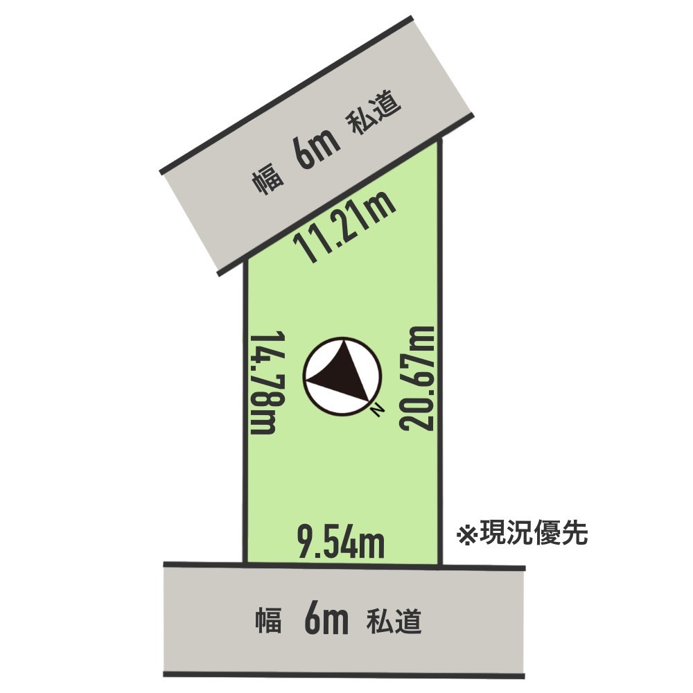 中沼町土地の区画図|南西・北東道路に面しております（通行は徒歩推奨）。