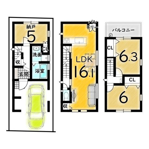 明野町　Ｂプラン　建築条件付き土地の土地図＋建物プラン例