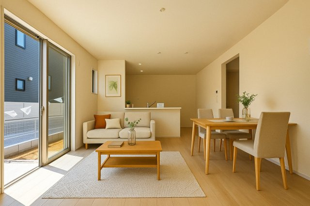 北葛飾郡松伏町　松伏　新築戸建　全2棟の居間・リビング|ゆったり過ごせるリビングです※家具をCGで加工しており、家具付き販売ではございません。