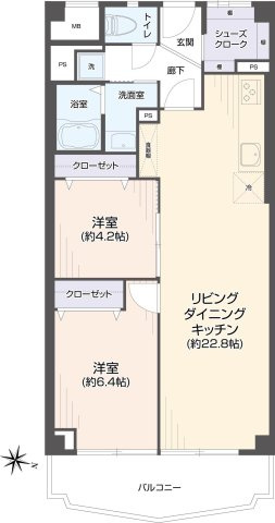 【間取り】 | ローレルハイツ高宮 | リビングは広く落ち着く空間になっており、お好きなレイアウトを楽しめます。収納が充実しているので、居住スペースをスッキリと使えます
