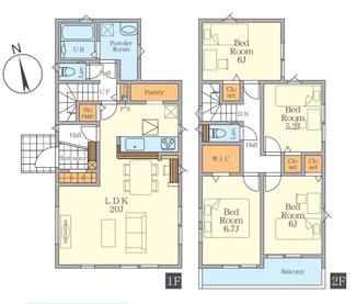 【間取り】 | 藤沢市石川  1号棟 5期 | 都市ガス　網戸標準仕様　二部屋から行き来できる南向きバルコニー　LDK20帖　パントリー　WIC