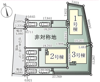 【区画図】 | 藤沢市石川  1号棟 5期 | 1号棟　西側約4.9ｍ～約5.6ｍ公道　旗竿地（間口約3.9ｍ）　駐車2台（車種によります）