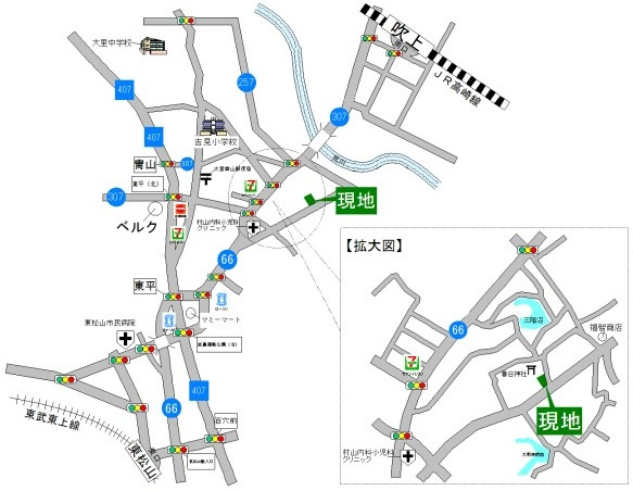 熊谷市小八林　中古戸建の地図|JR高崎線「吹上」駅約4.7ｋｍ
東武東上線「東松山」駅　約5.5ｋｍ
