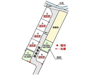 【区画図】 | エコガーデン玉島上成　全7区画 | 土地区画図になります。全7区画で前面道路も幅員6ｍ。全区画50坪以上の敷地面積でゆとりのある団地となっています。