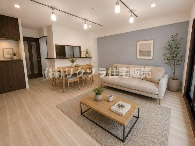 ダイアパレス枚方山田池公園の居間・リビング|LDK15.5帖　※この画像はAIによるバーチャルステージング画像です。
実際の物件には家具・インテリアは含まれません。
■物件内覧・資金計画相談・住宅ローン相談、リフォーム相談、お問合せ受付中■