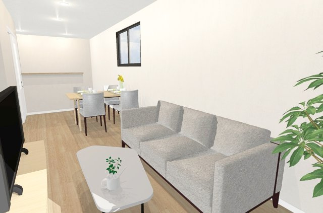 田中古川町　2号地　新築参考プラン　建築条件付土地の外観パース|【イメージパース図：リビング】開放感のある2階リビングは日当たりもよく日中は明るい日差しが射し込みます！