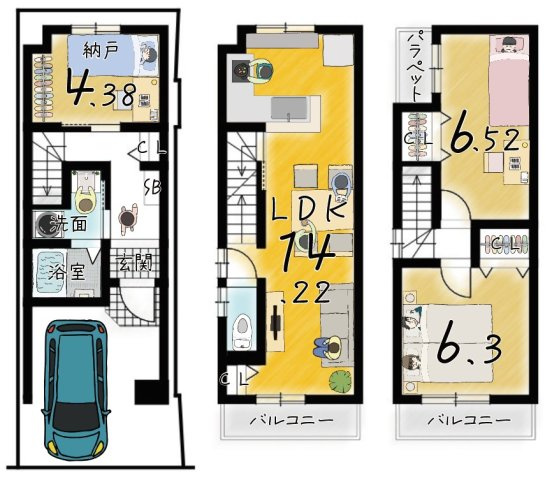 田中古川町　2号地　新築参考プラン　建築条件付土地の土地図＋建物プラン例