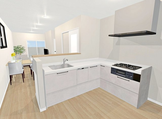 田中古川町　2号地　新築参考プラン　建築条件付土地の外観パース|【イメージパース図：L型キッチン】L型キッチンは作業動線が短くお料理しやすいです♪